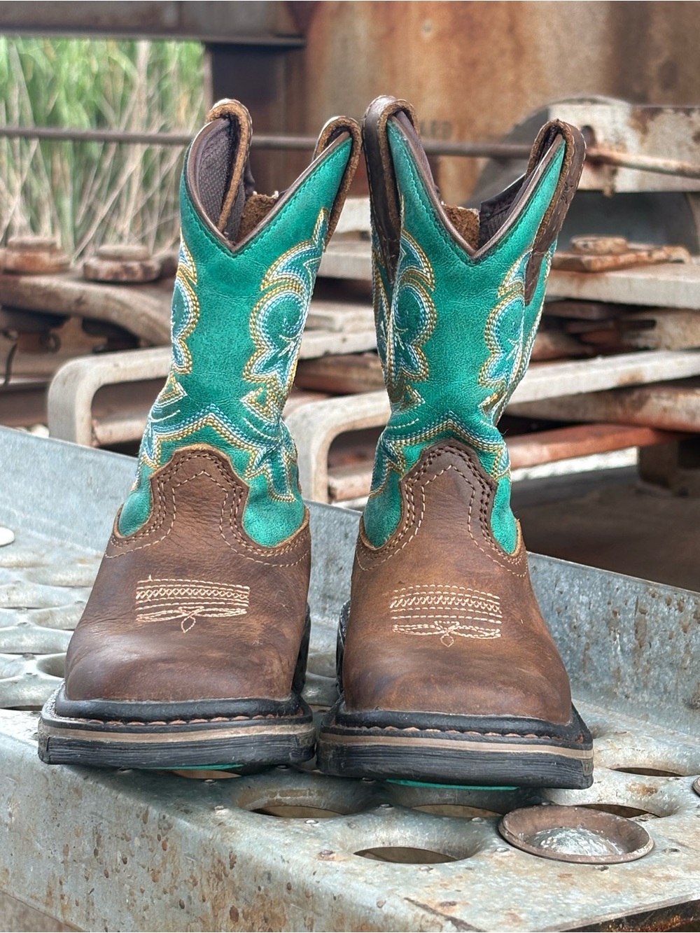 Georgia Boot Carbo-Tec Kids Western Leather Zip Boots 10.5M Brown/Turq Toddler